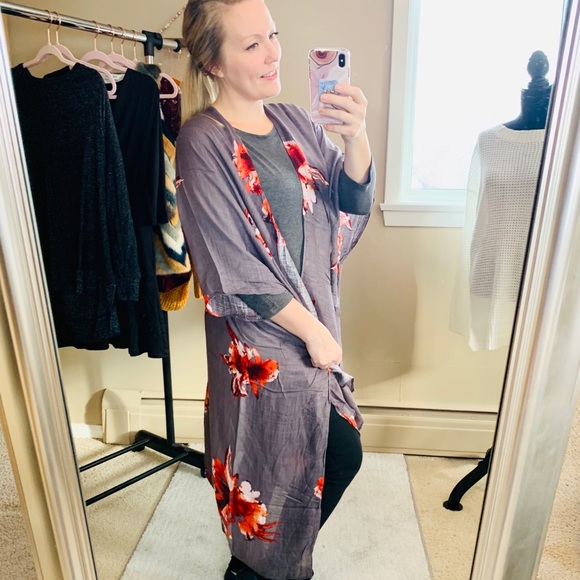 Kimono Floral Swimsuit Cover Up Beach Gray Scarf - Picture 4 of 7